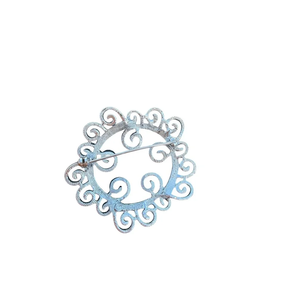 Vintage Sarah Coventry Silver Tone Scroll Swirl Circular Brooch Pin Silvery Mist